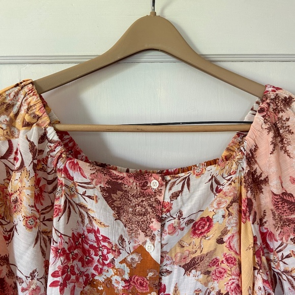 LC Lauren Conrad Button Down Tie Sleeve Square Neck Quilt Patch Floral Blouse - Picture 9 of 16